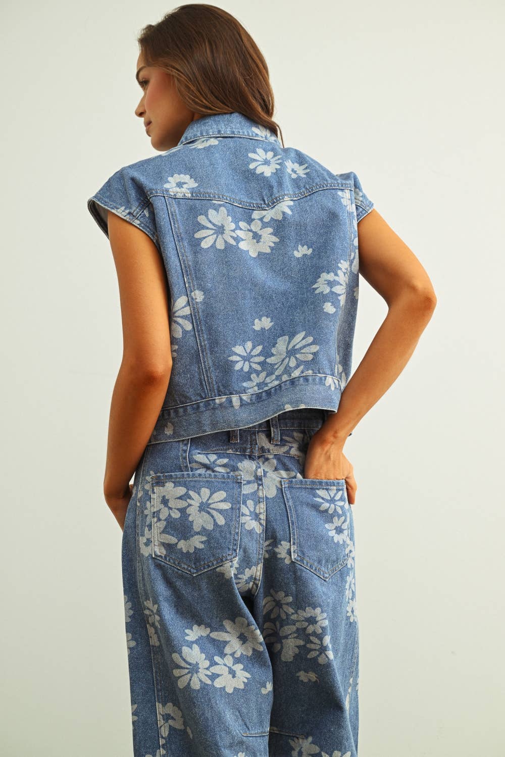 FLORAL PRINTED DENIM VEST