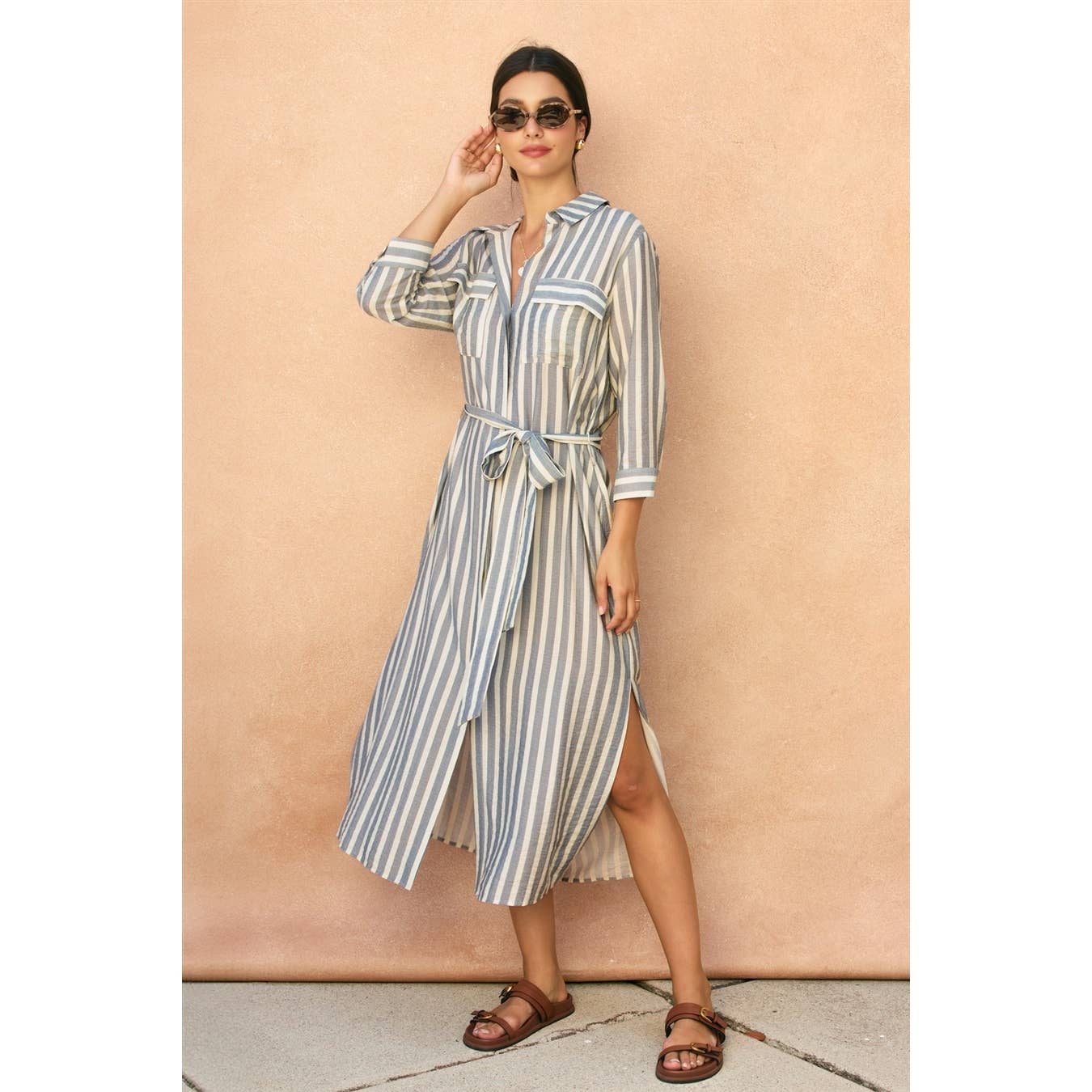 Saltwater Stripe Belted Maxi Shirt Dress