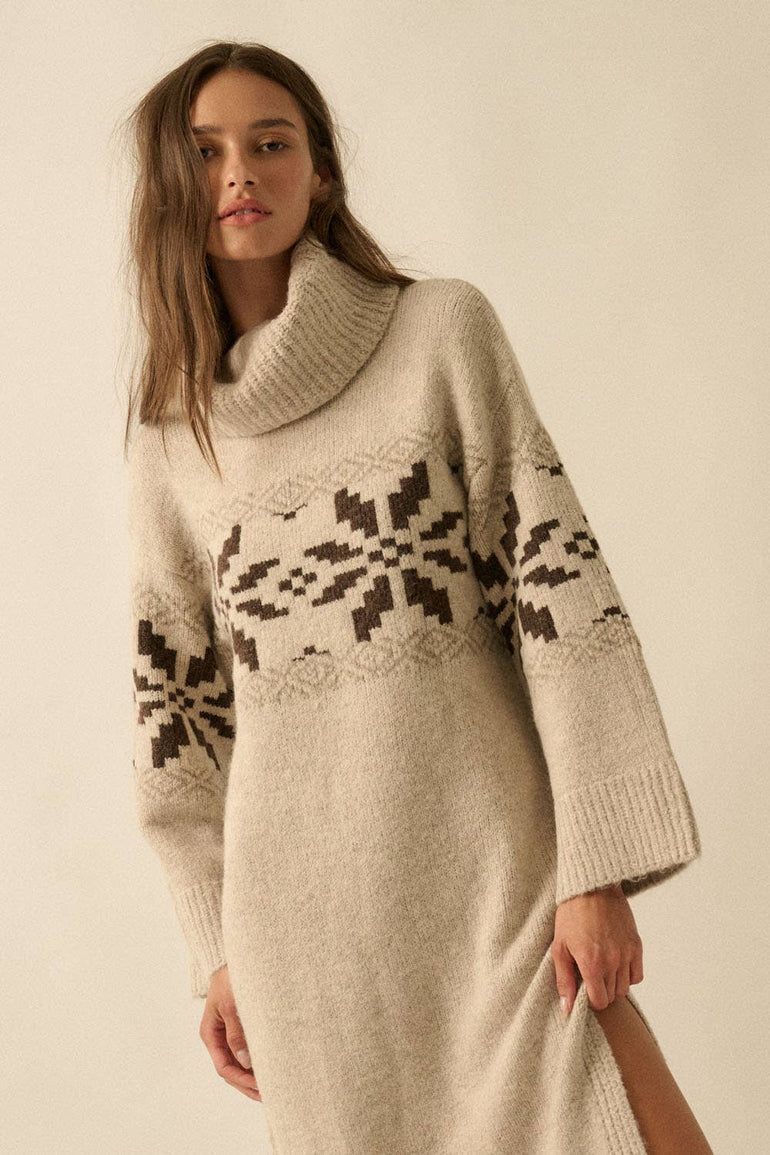 Alpine Snowflake Knit Cowl-Neck Midi Sweater Dress Brass + Oak Alpine Snowflake Knit Cowl-Neck Midi Sweater Dress Brass + Oak