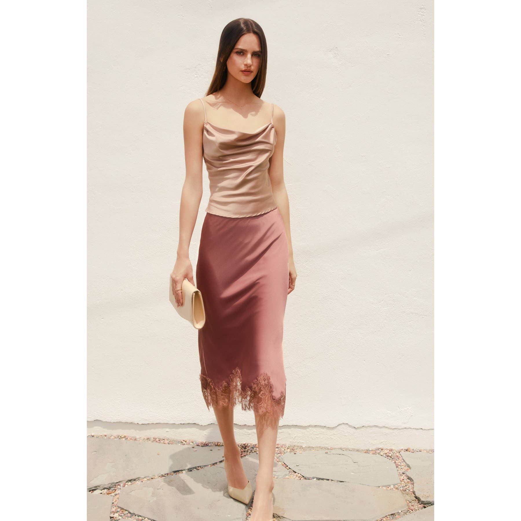 Satin Lace Hem Pencil Skirt