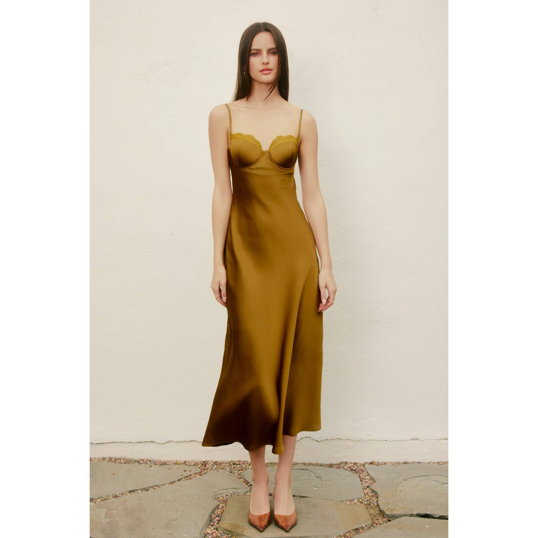 Satin Lace Trim Slip Midi Dress