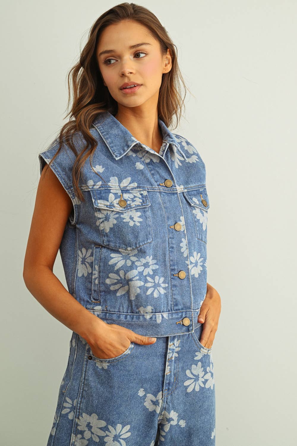 FLORAL PRINTED DENIM VEST